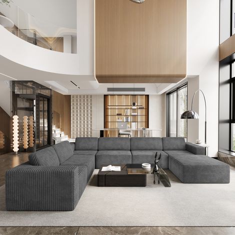 Canapé Modulaire Panoramique 7 places ouvert à droite,Velours côtelé,1 Pouf,Canapé Compressé pour Grand Salon,404x303x82cm,Gris