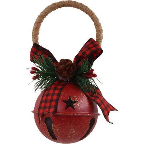 Suspension Porte Noël - Pommes de Pin Fausse - Clochettes Métalliques - Ruban à Carreaux Buffalo - Forme Ronde et Étoile - 2 Pièces (1/5)