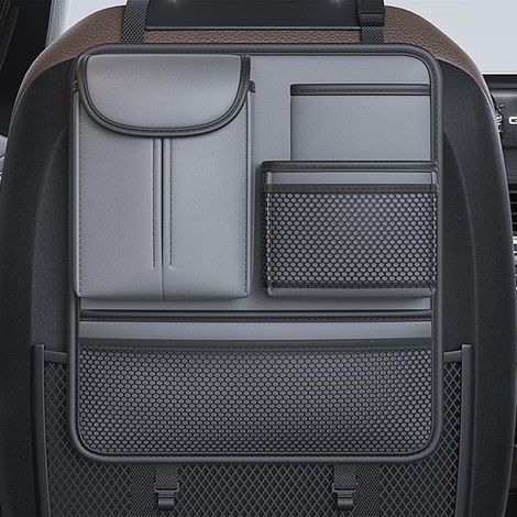 Autositz-Organizer aus Leder mit 5 Aufbewahrungstaschen für Autositze, Auto für Reisezubehör, Road Trip Essentials (Grau)