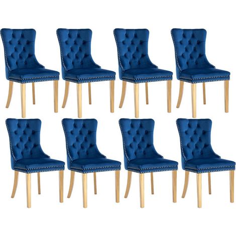 Lot de 8 chaises de salle à manger bleues en velours capitonné avec pieds dorés en acier inoxydable (1/5)