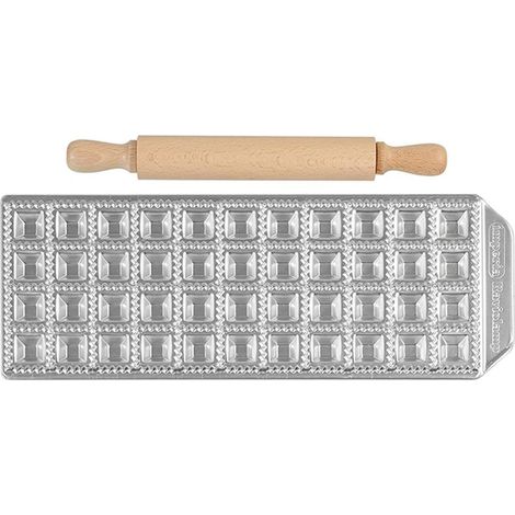 Imperia 3300 Raviolamp Stampo per Ravioli 44 Raviolini da Brodo in Alluminio con Rullo in Legno (1/4)