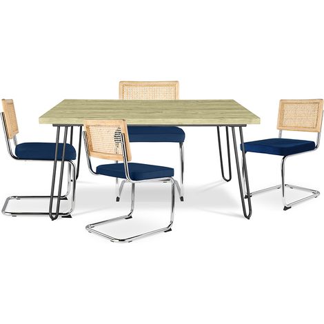 Pack Esstisch im Industriedesign 120cm & 4 Rattan-Esszimmerstühle - Samtpolsterung - Martha Dunkelblau
