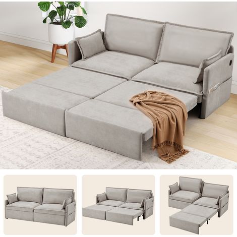 YODOLLA 4-IN-1 Sofa Bed, Pull Out Sleeper Sofa Beds 192cm with USB & Type-C Ports & Side Pockets, Light Grey (1/5)
