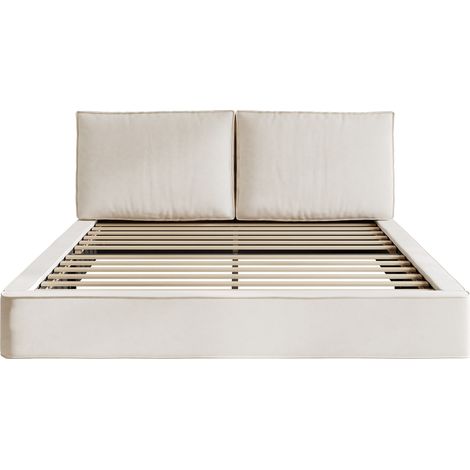 Letto matrimoniale 180 x 200 cm con rete a doghe, testiera imbottita in ciniglia beige, HOMVRA (1/5)