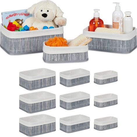 Relaxdays Storage Basket 4 Sets of 3, Fabric Lining, Bamboo, Rectangular, Bathroom & Bedroom Accessories, Toys, Grey