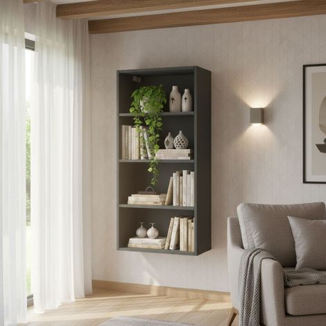 Libreria pensile moderna con schienale - Montaggio rapido cabineo - Basalto (1/5)