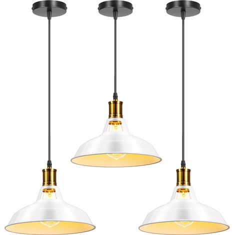 Retro Pendant Light, Metal Shade, 100 cm Adjustable Cord, Ø28 cm, E27 Socket, White, 3PCS (1/5)