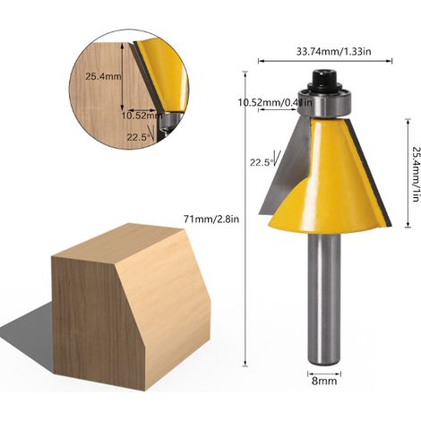 1 fraise pour défonceuse à chanfreiner biseau 22.5° avec roulement queue 8 mm tête carbure YG6 corps acier 45 pour bois (1/5)