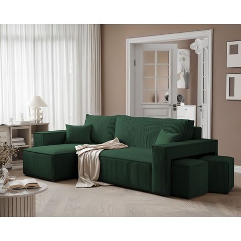 Ecksofa Schlafsofa Sofa ADARA inkl. Hocker Stoff Poso Grün Ottomane Links