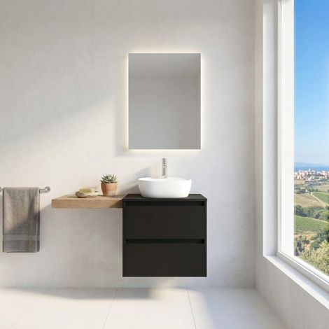 Mobile Bagno Sospeso 60 cm con 2 Cassetti e lavabo appoggio Nero Satinato – Linea