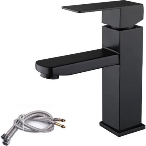 Mitigeur lavabo noir acier inoxidable levier unique eau chaude et froide avec tuyaux inclus robinet lavabo noir mitigeur salle de bain noir (1/5)