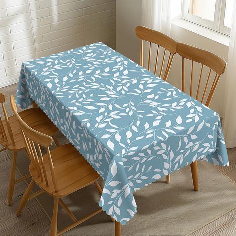 Mantel con estampado de hojas blancas y ramas azules, 140 x 180 cm, lavable, ideal para la cocina, el comedor y la decoración de fiestas. (1/5)