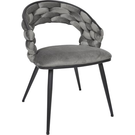 Lot de 2 Chaises Fauteuils de Table - HOME DECO FACTORY - Dossier Tressé - Chic - Gris et Noir (1/5)