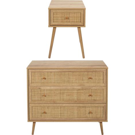 Set commode en bois 3 tiroirs et chevet 1 tiroir Bali (1/5)
