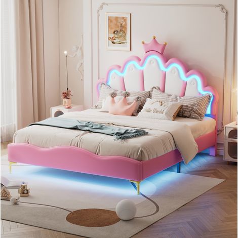 Cama doble tapizada 140/200 cm rosa de PU y MDF con LED y cabecero de corona (1/5)