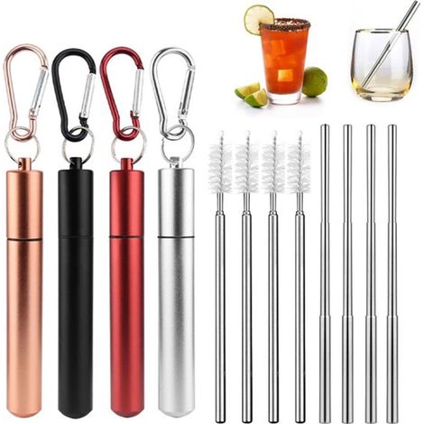 Set wiederverwendbarer Metallstrohhalme - Nachhaltige Strohhalme - Cocktail-/Smoothie-/Milchshake-Strohhalme aus Edelstahl - Inklusive Reinigungsbürsten und Aufbewahrungsdosen (1/5)