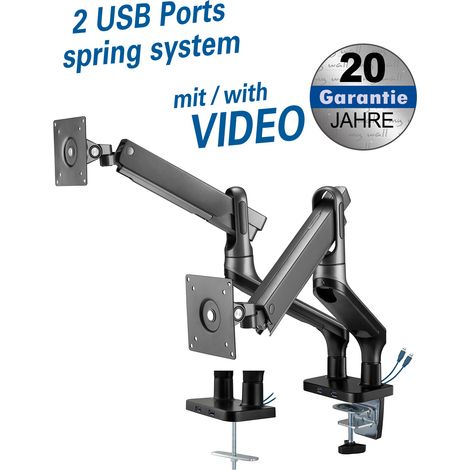 Support de bureau à mouvement complet avec système de ressorts et 2 ports usb pour 2 écrans plats pour écrans 17" - 32" (43 - 81 cm), charge 2 - 9 kg par écran.