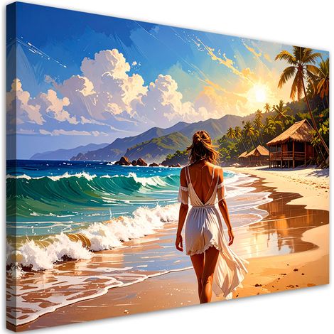 Wandbild Frau Strand Meer Palmen 90x60 cm (1/5)