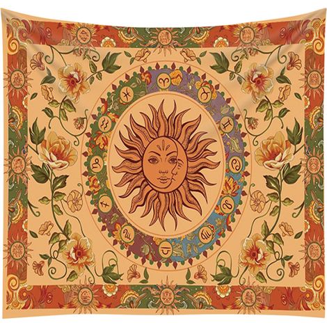 Tapiz decorativo de pared – Tela de poliéster estampada en alta resolución – Diseño espiritual y geométrico con un sol naranja, motivos florales y constelaciones – Varios tamaños (de 95 x 73 cm a 150 (1/5)
