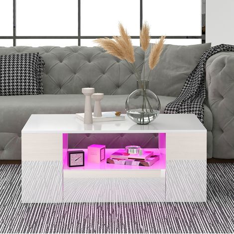 Mesa de centro 95x53x37 cm de aglomerado blanca con LED y almacenaje para salón – MEUBLIV (1/5)