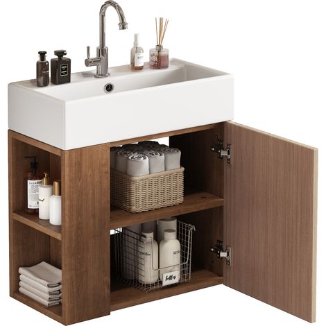 Mueble de baño con lavabo de cerámica 55 cm, MDF marrón, lavabo integrado MODENUIT (1/5)