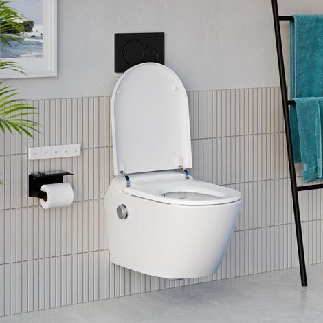 BERNSTEIN - Pack WC japonais T640 PRO + Bâti-support Geberit, Toilettes suspendu lavant + Télécommande - 42x59x43cm - Plaque Noir Brillant
