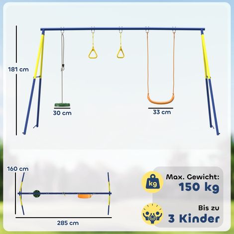 Cadre de balançoire jusqu’à 150 kg,balançoire 3 en 1 pour enfants avec balançoire classique,anneaux de gymnastique,balançoire debout,285x160x181 cm