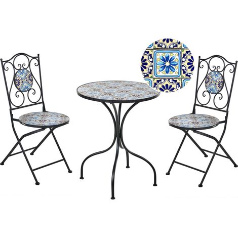 Set da giardino per bistrot da esterno in metallo con piano in mosaico e struttura in ferro nero Aggius (1/5)
