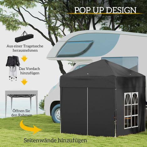 Pavillon de jardin pliant 4 pans, tente réception bière, parois latérales amovibles avec 2 fenêtres, armature en acier, 2 x 2 m, noir (1/4)