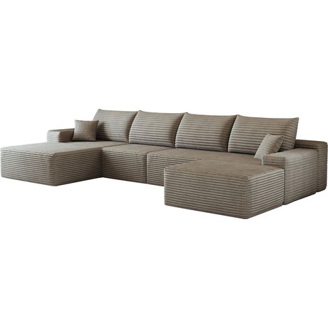 Canapé d'angle modulaire 340 cm avec chaise longue en velours côtelé camel, sans montage (1/5)