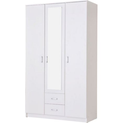 Armario 3 Puertas Crati, Dormitorio: 4 Estantes, 2 Cajones, Barra para Ropa, 120x52 cm Blanco