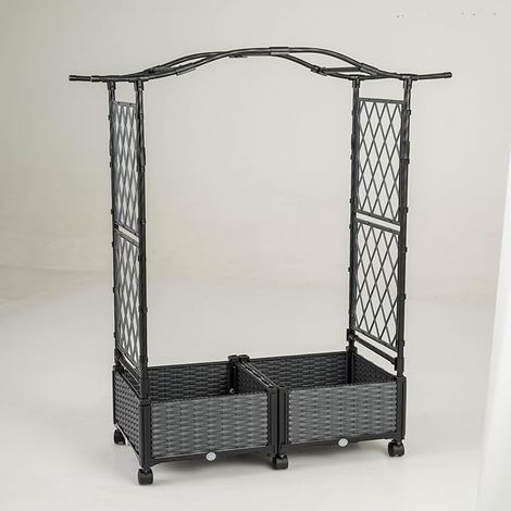 COSTWAY Fioriera Rialzata con Graticcio e Tetto, Irrigazione Automatica e Ruote Bloccatili, Letto da Giardino Rialzato in Rattan Impermeabile per Piante Rampicanti, Fiori ed Erbe (Grigio)