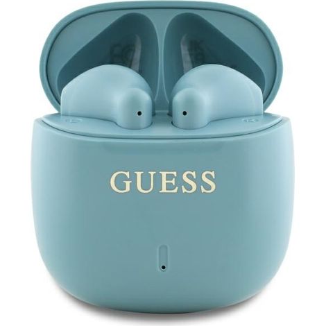 Base di ricarica per cuffie Bluetooth TWS Guess, colore turchese, con logo classico stampato.