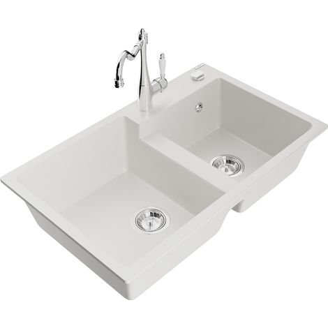 Mexen Tomas fregadero de granito de 2 tazones con grifo de cocina Carla, blanco - 6516-20-670700-00 (1/5)