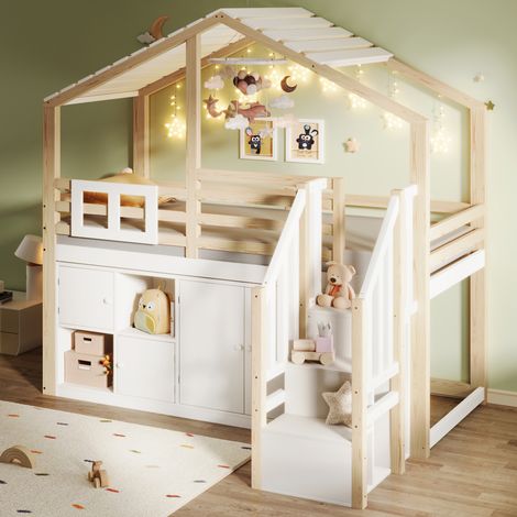 Cama infantil alta 90x200 cm de pino, casita con almacenaje, blanco y natural HAVRYA (1/5)