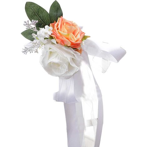 Fleur de Dos de Chaise de Simulation de Roses, Fleurs de Dos de Chaise de Mariage Floral Rose avec des Feuilles et des Rubans (X) (1/5)