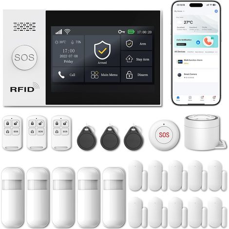 Alarme Maison sans Fil,Kit Alarme avec écran Tactile 4,3 Pouces,Capteurs De Porte et De Mouvement,Sirène 120 DB,Alertes D'application,sans Abonnement Mensuel,Compatible avec (1/5)