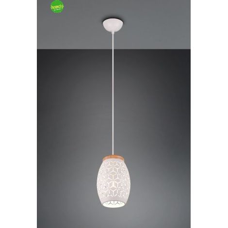 BIDAR SOSPENSIONE METALLO BIANCO TAGLIO LASER CON INSERTO IN LEGNO D. 15CM 1 LUCE ATTACCO E27 (1/2)