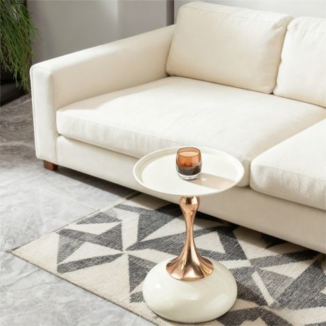 Table d'appoint — Petite table de salon ronde avec piètement métallique — Table de chevet ronde blanche — Table d'angle décorative