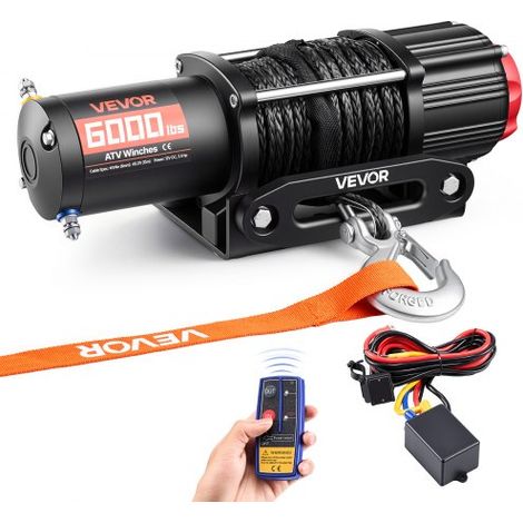 Cabrestante Eléctrico 12V 2721 kg para ATV UTV con Cuerda Sintética de 6 mm x 15 m, Motor 2,6 kW, Control Remoto con Cable, Guía de Cable, Gancho y Soporte de Montaje para Exteriores Todoterreno (1/5)