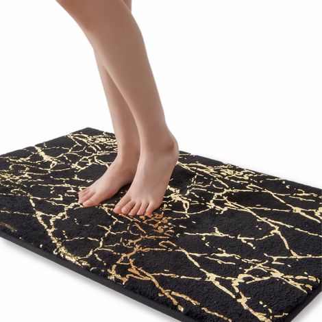 Tapis de Bain Antidérapant Lavable - Noir et Doré - Accessoire de Salle de Bain - Microfibre Douce Absorbante - 60 x 90 (1/5)
