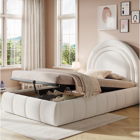 Lit enfant rembourré style féerique bouclé beige 90x200 cm avec tête de lit, sommier à lattes et coffre hydraulique (1/5)