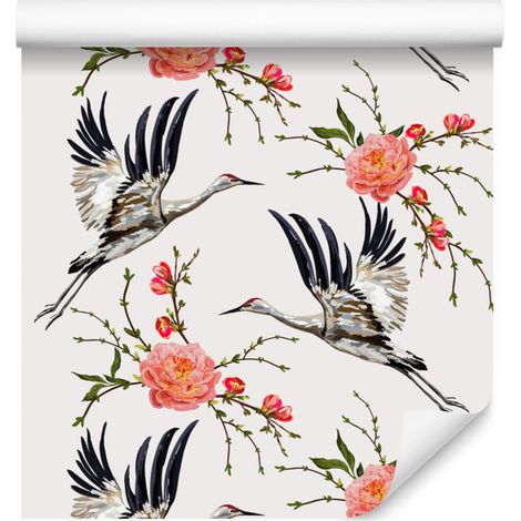 Papier peint à motifs de grues et de fleurs pour salon et chambre 50x1000 cm (1/5)