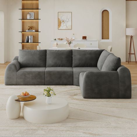 Canapé d'angle compressé 267 x 200 x 85 cm en tissu chenille gris foncé, sans montage - REDOM (1/5)