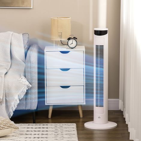 Ventilateur colonne avec télécommande minuterie 12 heures 3 vitesses écran LED oscillant 70 ° Ø 31,5 x 93 cm blanc