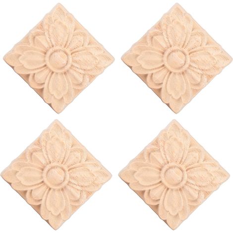 4 pièces d'applique carrée sculptée en forme de fleur pour porte ou meuble, non peinte (2) (1/5)