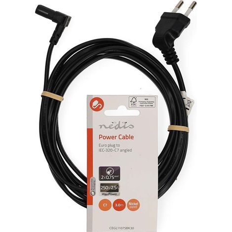 Nedis Stromkabel / Euro Männlich / IEC-320-C7 / 90° abgewinkelt / 90° abgewinkelt / Vernickelt / 3.00 m / Rund / PVC / Schwarz / Label