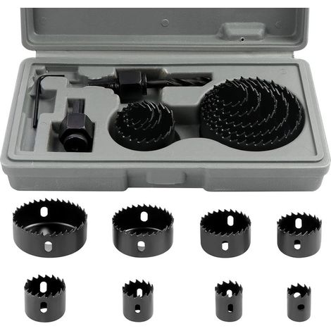 Coffret de 11 scies cloches bimétalliques en acier au carbone de 19 à 64 mm, pour bois, plaques de platre et cloisons sèches. (1/5)
