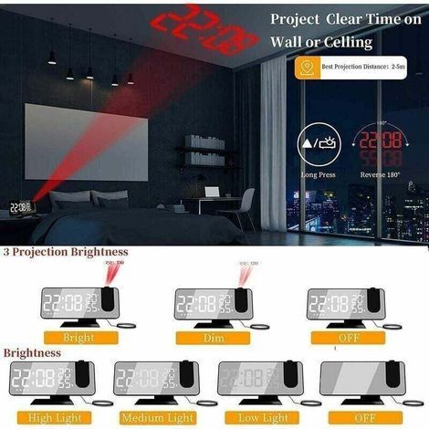 Réveil projecteur avec radio, horloge numérique, radio-réveil USB avec ble alarme et écran miroir LED pour la maison et le bureau (1/4)