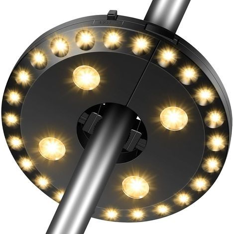 Lumières de Parasol, 28 LED Lumière 3 Modes d'éclairage Alimenté par Batterie, Lumineux Parasol éclairage pour Jardin Balcon Terrasse Plage fête Camping déco Blanc Chaud (1/5)